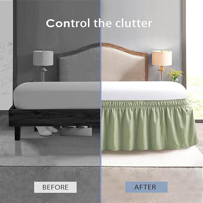 FreshCulture Elastic Wrap Around Bed Skirt - Easy Fit with 15-Inch Tailored Drop, Hotel Quality Dust Ruffle for Full Size Bed (Sage Green)