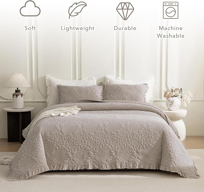QSH 3PCs Stonewashed Cotton Oversized King Quilt Bedspread Set(128"x120"),Linen Feel Farmhouse Ruffled Bedspread California King,Shabby Soft Lightweight Crinkle Quilt Coverlet Bed Set for All Seasons
