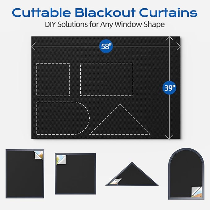 Blackout Curtains for Bedroom, 39" x 58" Portable Black Out Blinds with 20 Sets Hook & Loop Strips for 100% Blackout Window Film, Temporary Black-out Shades for Windows Cover Nursery Travel RV- Blacks