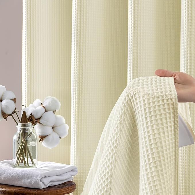 River Dream Cream Fabric Shower Curtain Set, Cotton Blend, Waffle Weave, with Snap in Replacement Liner，71 x 74 inches