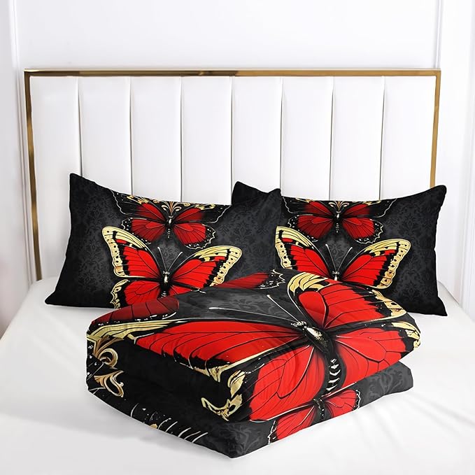 Red and Gold Butterfly Comforter Sets Full Size Bed Set，Gothic Full Size Bedding Set，with 1 Comforter with 2 Pillow Case，Butterfly Themed Bedroom Decor