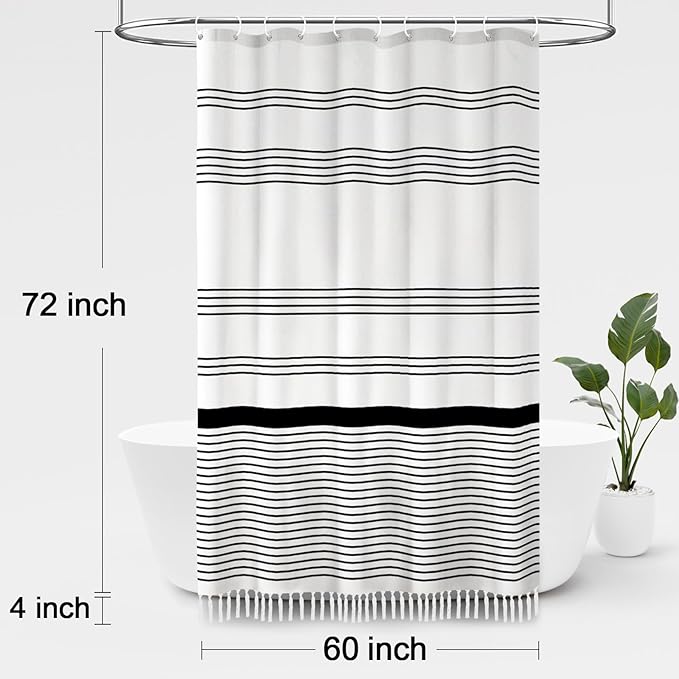Awellife Black and White Boho Shower Curtain for Bathroom Stripe Tassel Shower Curtain Farmhouse Cotton 72" L x 60" W