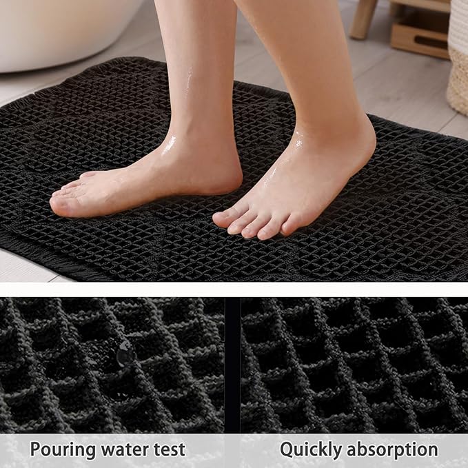 ZALL Black Waffle Bath Mat,Super Absorbent Non Slip Bathroom Rug,Brown 24X72 inch, Geometric Diamond Machine Washable Ultra Soft Floor Mats