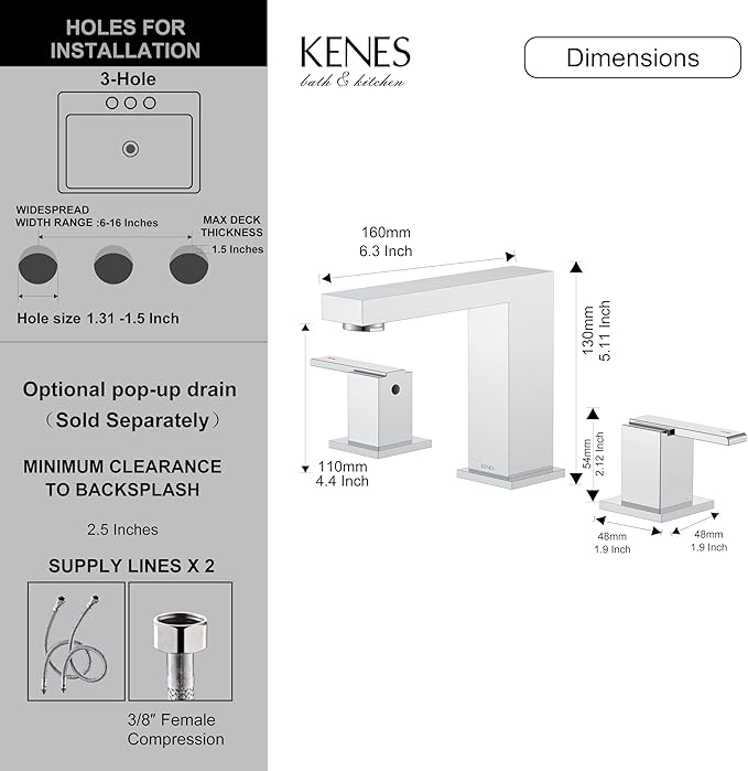 KENES Chrome Widespread Bathroom Faucet Two Handle Bathroom Sink Faucet, 8-Inch 3 Pieces Bathroom Vanity Faucet 3 Hole with Supply Lines, KE-9050-5