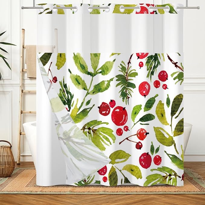 Floral Shower Curtain No Hooks with Snap-in Liner,Botanical Shower Curtains,Watercolor Fabric Holly Berry Shower Curtain Set,with See Through Top Window for Bathroom Decor,71 x 74 Inch