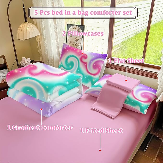 Girls Full Size Bedding Sets Rainbow Bedding – 5 Piece Comforter Set Full, Gradient and Colorful Galaxy Comforter for All-Season – Machine Washable, Durable – Gift Idea for Boys and Girls Room