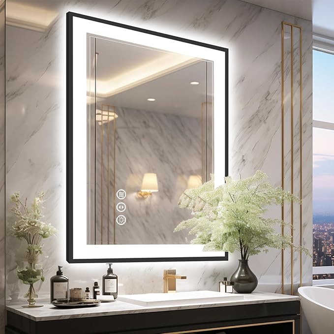 28x36 Lighted Bathroom Mirror, Wall-Mounted, Black Rim Mirror, Vanity(Front and Backlit), Stepless Dimmable CRI90+, Anti-Corrosion, Anti-Rust, Touch Sense, Memory(Horizontal/Vertical)