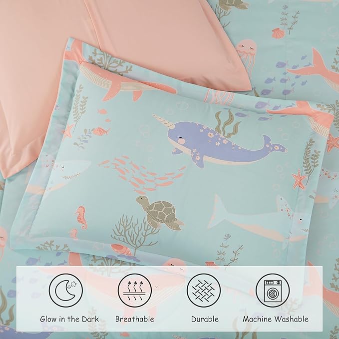 Full Size Comforter Set for Girls-4 Pieces Ocean Animals Glow in The Dark Full Bedding Sets for Kids, 1 Comforter, 2 Shams and 1 Decor Pillow