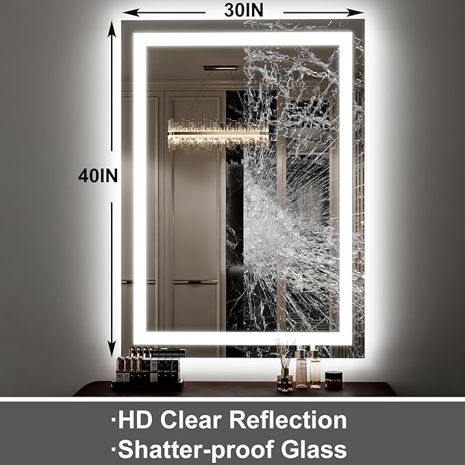 GLSLAND 30"x40" LED Bathroom Mirror with Lights, Dimmable Front and Backlit Vanity Mirrors, Wall Mounted Anti-Fog Lighted Mirror, Horizontal/Vertical Hanging