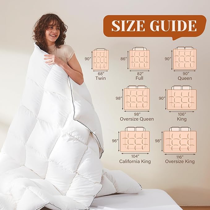 Goose Feather Down Fiber Cotton Comforter Oversize King Size, Ultra-Soft Duvet Insert, Hotel Collection White Quilted Comforter, All Season Bedding Comforter with 8 Corner Loops, 116x98 Inch