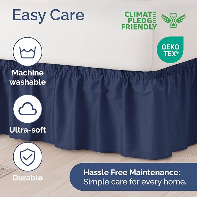 Wrap Around Dust Ruffle Bed Skirt - Navy Blue - Twin/Twin XL Size Beds with 15 Inch Drop - Elastic Strap - Adjustable Pleated Bedskirt with Brushed Fabric and Wrinkle Free - Women, Men, Kids & Teens