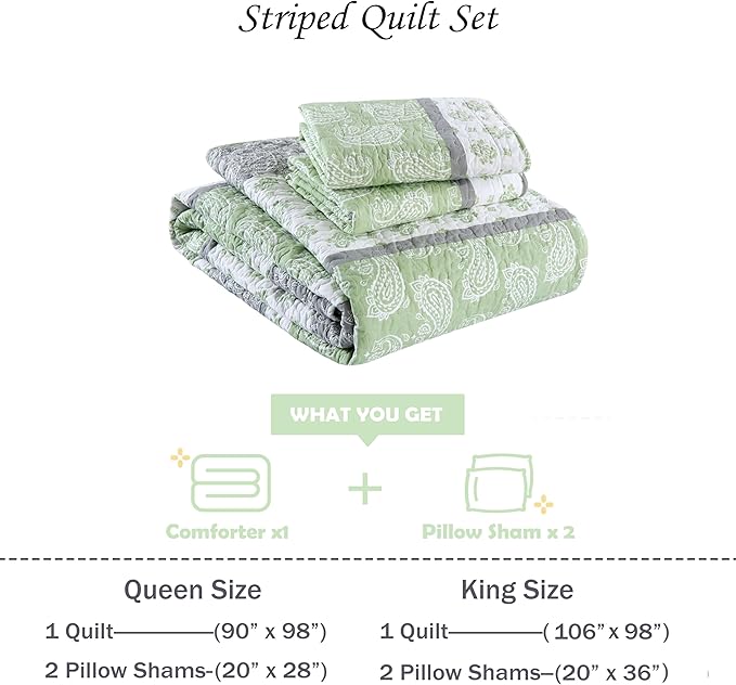 Quilts Queen Size, Cotton Comforter Set, Sage Green Bedding Queen Size, Farmhouse Striped Bedspreads, Lightweight All Seasons 3 Piece