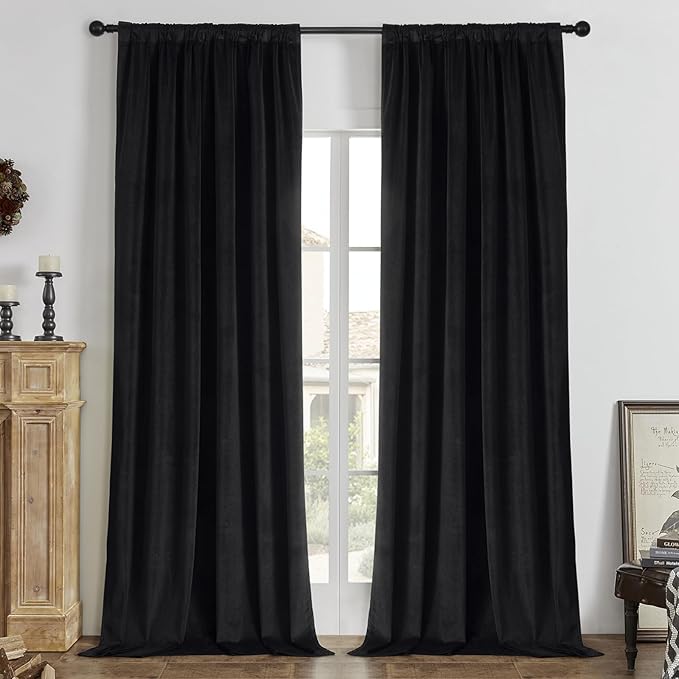 Joydeco Black 100% Blackout Curtains 84 Inch 2 Panels, Luxury Thermal Insulated Black Velvet Curtains for Bedroom Living Room, Soundproof Blackout Window Drapes, Rod Pocket & Back Tab (62W x 84L)