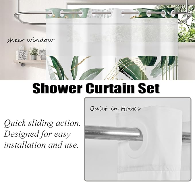 Boho Shower Curtain No Hooks with Snap in Fabric Liner Set,Modern Boho Shower Curtains Hotel Bathroom Decor,with See Through Top Window,Green Botanical Sage Fabric Waterproof Shower Curtain,71W x 74H