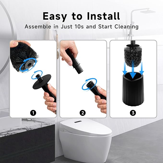 Toilet Brush and Holder Set, 2 Pack Toilet Bowl Brush with Long Non-Slip Handle, Deep Toilet Cleaner Brush, Toilet Scrubber, Black