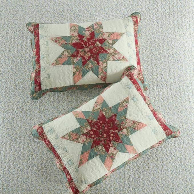 Cotton Bedspread Quilt Bedding Sets, 3 Pieces Reversible Coverlets Comforters Star with Red Floral Real Patchwork Bedspread,Queen Size