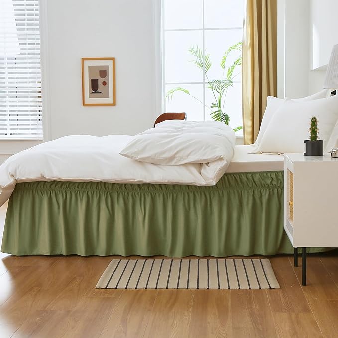 MEILA Queen Bed Skirt, Wrap Around Ruffle Bed Skit for Queen Beds with 18 inch Drop, Elastic Dust Ruffles Easy Fit Wrinkle & Fade Resistant, Sage
