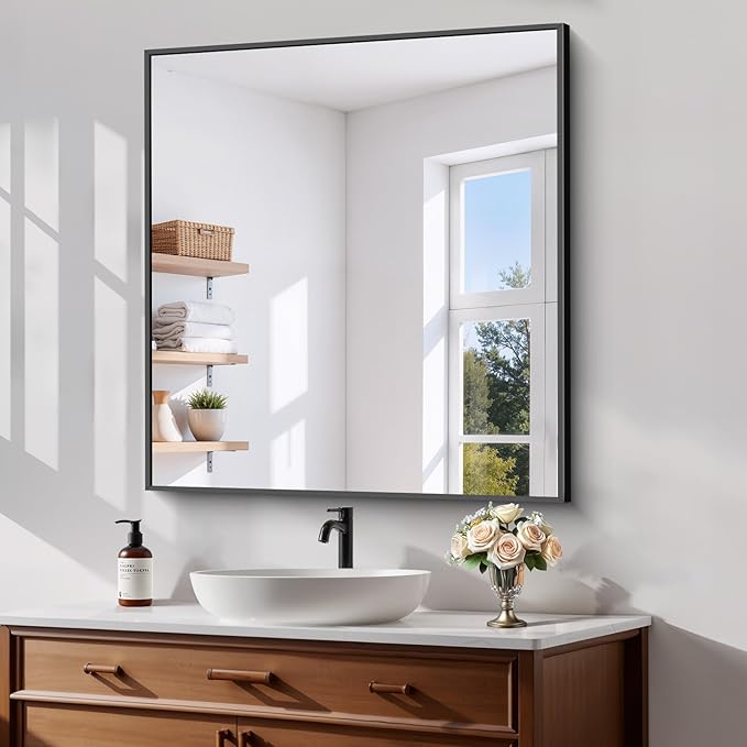 Koonmi Black Framed Bathroom Mirror - Shatterproof 38"x26" Tempered Glass, HD No Distortion, Horizontal/Vertical Mount, Modern Matte Aluminum Alloy Frame