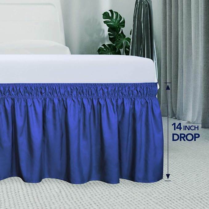 PureFit Wrap Around Ruffled Bed Skirt with Adjustable Elastic Belt - 14 Inch Drop Easy to Put On, Wrinkle Free Bedskirt Dust Ruffles, Bed Frame Cover for Twin, Twin XL and Full Size Bed, Classic Blue