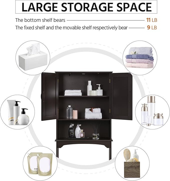 Yaheetech Over The Toilet Storage with 2 Doors & Adjustable Shelf, Free Standing Toilet Rack Wooden Space-saving Collect Cabinet, Bathroom Furniture, 9Dx24.5Wx66H Inches, Espresso