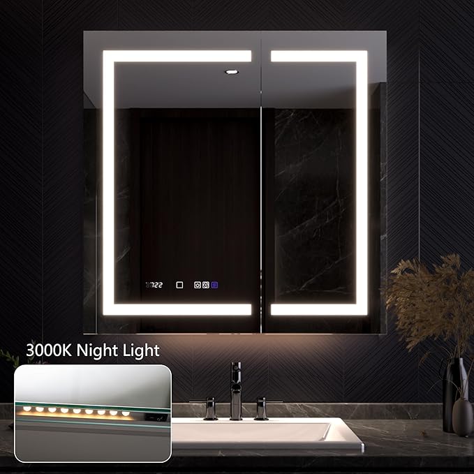 Lighted Medicine Cabinet with Mirror 36"x36" Recessed LED Medicine Cabinet Mirror, Front&Backlit, Anti-Fog, Stepless Dimming, 3-Color Temperatures, Magnifier, 2 Outlets, Storage Shelves, ETL Certified