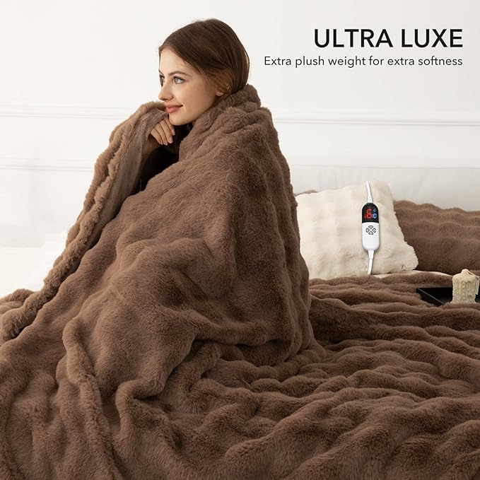 Faux Rabbit Fur Bubble Heated Blanket Full Size Camel - Fuzzy Soft Electric Blanket with 6 Heating Levels & 10 Timer Settings, Room Home Dorm Decor Gifts for Women, ETL Certified (72" x 84")