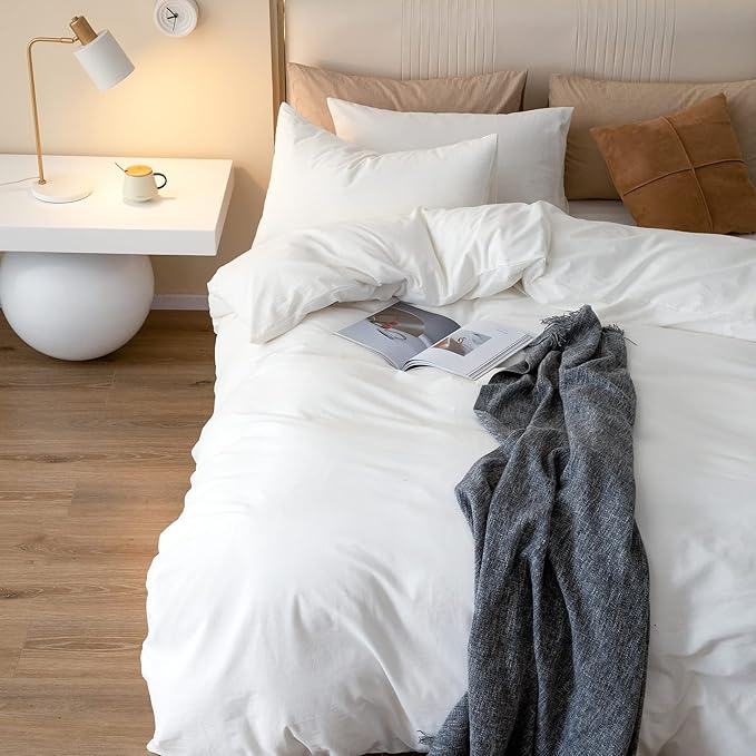 JIYUAN 100% Washed Cotton Duvet Cover Set 2 Pieces Twin, 1 Duvet Cover 68x90 Inches(Comforter Not Included) and 1 Pillowcases,Linen Feel Bedding Set Comfy and Breathable,Off White