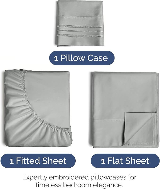 Twin Size 3 Piece Sheet Set - Extra Soft, Breathable And Cooling Sheets - Hotel Luxury Bed Sheets for Women & Men - Deep Pockets, Easy-Fit & Wrinkle-Free Sheets - Light Slate Grey Oeko-Tex Bed Sheets