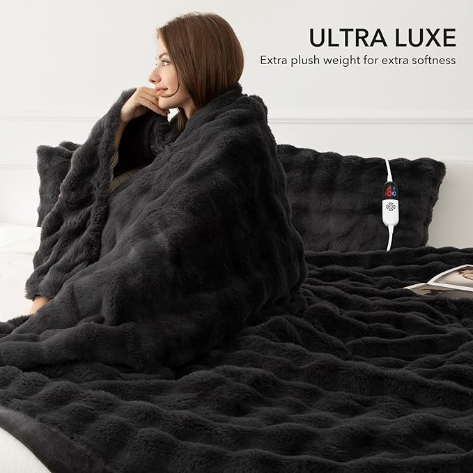 Faux Rabbit Fur Bubble Electric Blanket Dark Grey - Luxury Fluffy Soft Heated Throw Blanket with 6 Heating Levels & 4 Timer Settings, Decor Gifts for Home Bedroom Living Room (50" x 60")