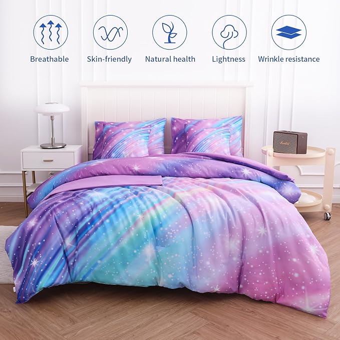 Rainbow Bedding Set Queen Size – 6-Piece Reversible Girls Comforter with Deep-Pocket Sheet, Gradient Galaxy Design, Whole-Piece Filling, Machine Washable Bed-in-a-Bag for Kids Room Makeover & Gifts