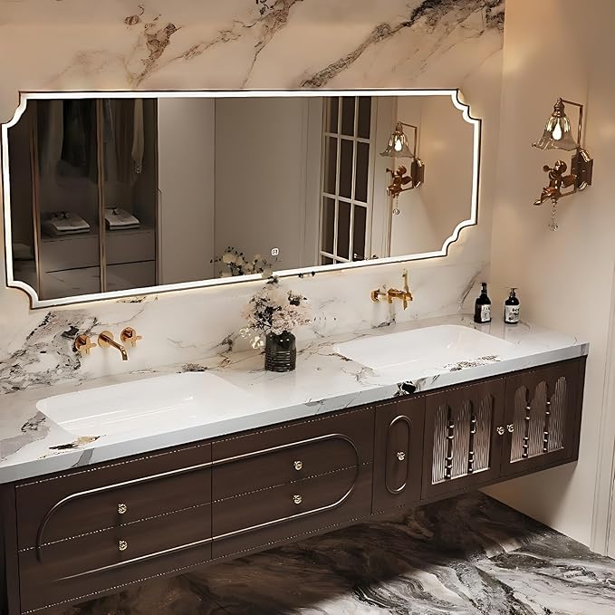 Bathroom Vanity with Sink - Luxurious Bathroom Sink Cabinet, Floating Vanity with Smart Defog Mirror and Solid Wood Multifunctional Cabinet, Complete Accessories (Brown, 88")