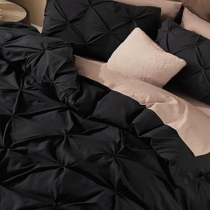 Litanika Black King Pinch Pleat Duvet Cover, 3 Pieces Pintuck Cover Soft Microfiber Bedding Set with Zipper Closure & Corner Ties(104x90Inch-1 Duvet Cover, 2 Pillowcases)