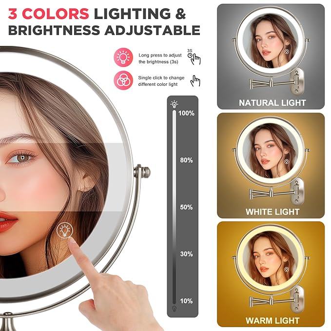 20X Magnifying Mirror with Light: 8.5 Inch Lighted Makeup Mirror, Wall Mount, 360 Rotation, Touch Screen, Rechargeable, Brushed Nickel