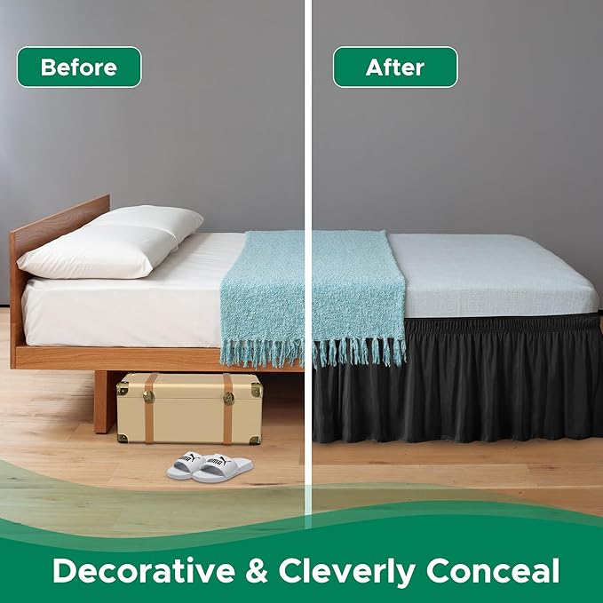 Biscaynebay Wrap Around Bed Skirts for Queen Beds 15" Drop, Black Adjustable Elastic Dust Ruffles Easy Fit Wrinkle & Fade Resistant Silky Luxurious Fabric Machine Washable