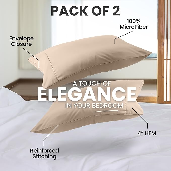 Pillow Covers by Utopia Bedding - Standard Size 2-Pack – Soft Brushed Microfiber – Perfect for Hospitals, Hotels, Guest Rooms – Oeko-TEX Certified, 20x26 Inches (Beige)