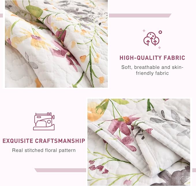 Lady Ann Wild Floral Printed Bed Quilt Sets Queen 100% Cotton Yellow Flower Botanical Pattern Bedding, Vintage Lightweight Coverlet Ultra Soft Bedspread Set with Pillow Shams for All Season, 3 PCS