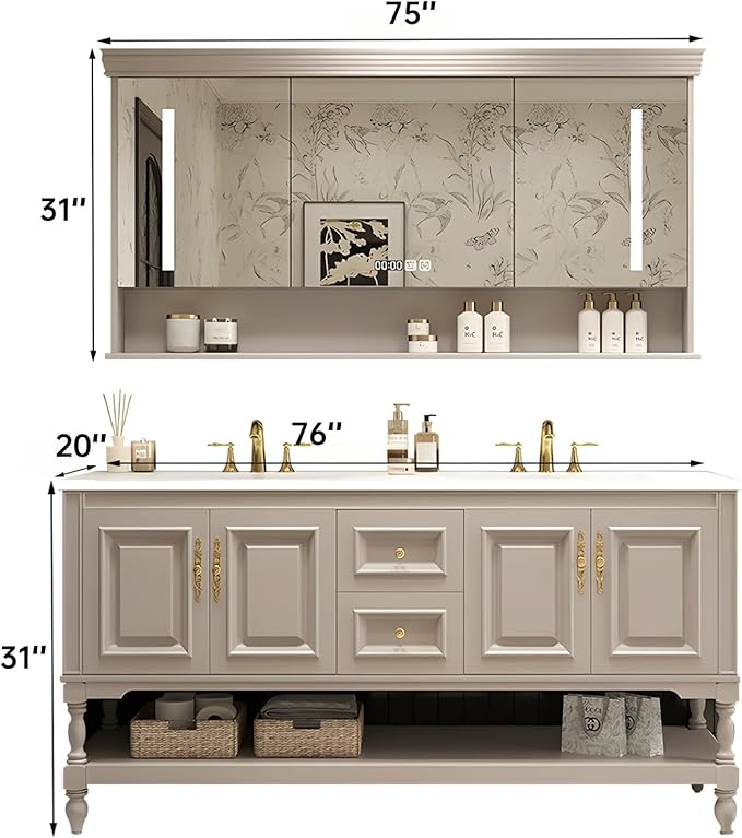 76" Double Bathroom Vanity with Sink,Freestanding Bathroom Vanity Large Storage Cabinet & Open Mirror Cabinet,4 Soft Closing Doors and 2 Drawers Solid Wood Luxury Bathroom Vanities Set,White