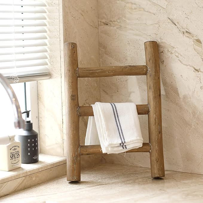 FUIN Fully Assembled Wooden Tea Towel Ladder, Mini Ladder Towel Rack Display Hanger, Small Rustic Farmhouse Tea Towel Stand Holder for Country Bathroom Decor, Brown
