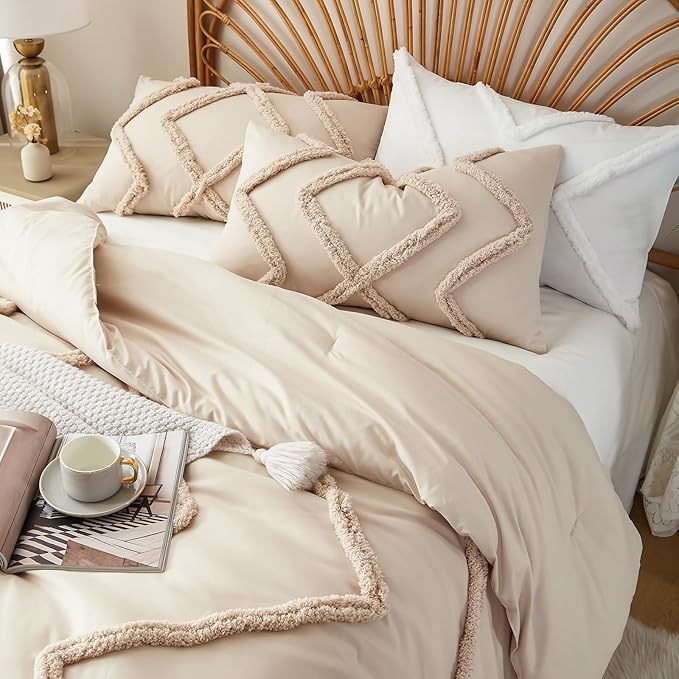 Cupocupa King Size Comforter Set;Beige Boho Tufted Lightweight Bedding Sets 3PCS Soft Jacquard Comforter with 2 Pillow Cases for All Season
