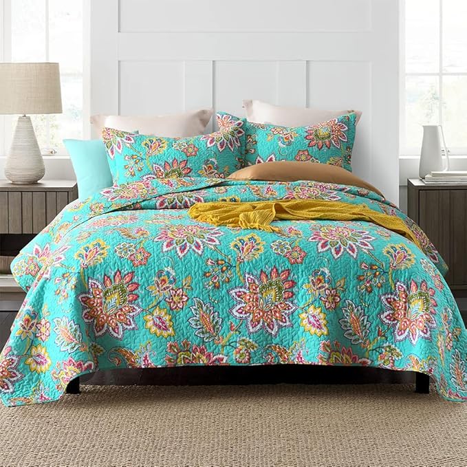 Cotton Bedspread Bedding Coverlet Quilt Sets, Reversible Vintage Branch Floral Bedspread comforters, (Vintage Turquoise Paisley Floral Pattern, King Size)