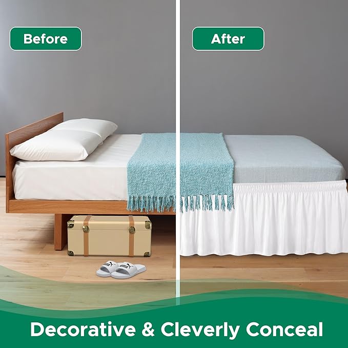 Biscaynebay Wrap Around Bed Skirts for Queen Beds with Short Drop of 12", White Adjustable Elastic Dust Ruffles Easy Fit Wrinkle Resistant Silky Luxurious Fabric Machine Washable