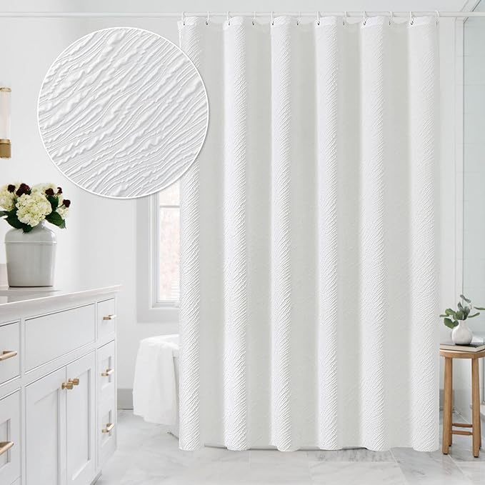 MitoVilla White Fabric Shower Curtain 72 x 78, Farmhouse Long Modern Geometric Cloth Shower Curtain for Bathroom Decor, Luxury Marble Textured, 78 inch Long