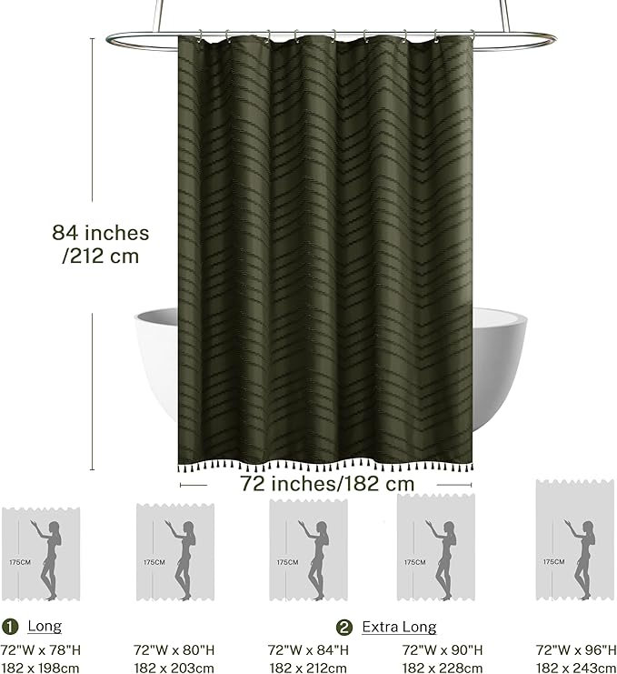 Extra Long Olive Green Boho Shower Curtain with Tassel, Woven Fabric 84 in Shower Curtain, Tufted Chevron Striped, 72 x 84, Modern Chic Textured Minimalist Bathroom Shower