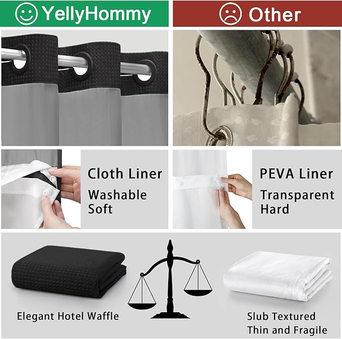 YellyHommy No Hook Shower Curtain with Snap in Liner Set Less Time Black Waffle Shower Curtain for Bathroom 75" L x 72" W