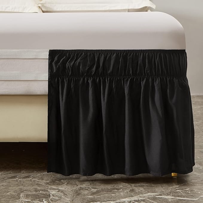 MEILA Wrap Around Bed Skirt Three Fabric Sides Elastic Dust Ruffled 16 Inch Tailored Drop,Easy to Install Fade Resistant-Black, Queen/King