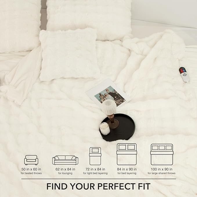 Faux Rabbit Fur Bubble Queen Size Heated Blanket White - Fluffy Thick Electric Blanket Queen with Dual Control, 6 Heating Levels & 10 Timer Settings, Overheat Protection, Home Decor,84" x 90"