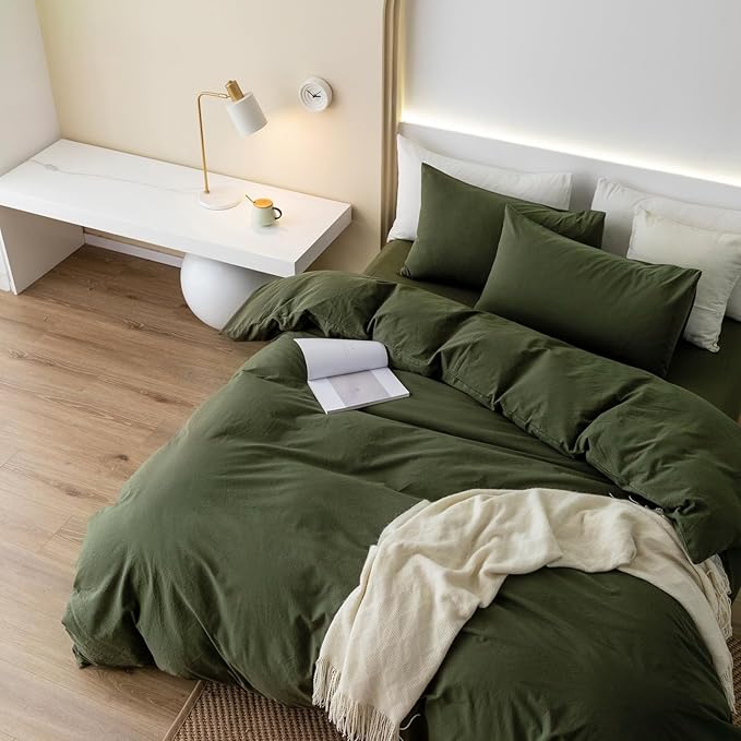 JIYUAN 100% Washed Cotton Duvet Cover Set 3 Pieces King, 1 Duvet Cover 104x90 Inches(Comforter Not Included) and 2 Pillowcases,Linen Feel Bedding Set Comfy and Breathable,Olive Green