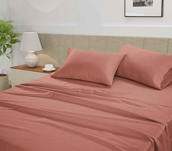 LANE LINEN Queen Size Bed Sheets Set – 450 Thread Count 100% Natural Cotton Cooling Sheets, Hotel Luxury Soft Sateen Finish, Snug Fit 15" Deep Pocket Elasticized Fitted Sheet – Rose Dawn