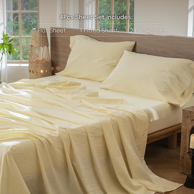 MooMee Bedding Sheet Set 100% Washed Cotton Linen Like Textured Breathable Durable Soft Comfy (Heathered Butter Yellow, King)