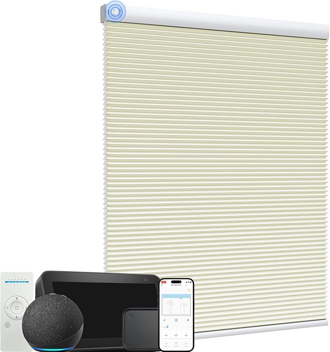 MYshade Motorized Cellular Shades - Smart Blinds Compatible with Alexa/Google Home/SmartThings,Light Filtering Rechargeable Cordless Honeycomb Blinds, Custom-Size Auto Shades for Windows (Beige)